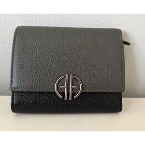 Cole Haan Tri Fold Leather Wallet Gray Color Block Silver LOGO Credit Cards